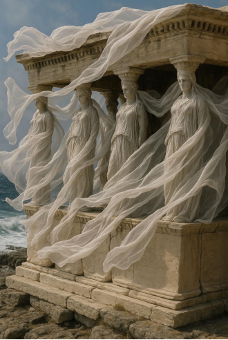 #Caryatids காற்றில் பாயும்# சிற்பத்தின் பாணி பண்டைய கிரேக்க கலையுடன் நெருக்கமாக தொடர்புடையது
